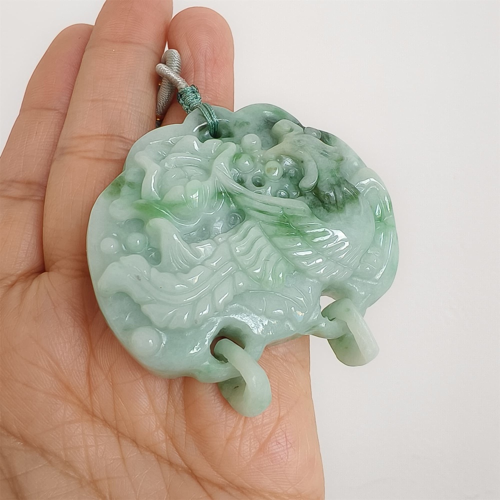 DDP | Natural Certificated Type A Untreated 52X53X13mm Icy Waxy Green White Burmese Jadeite Ruyi Pendants With Phoenix Carved,DIY Jewelry Supplies