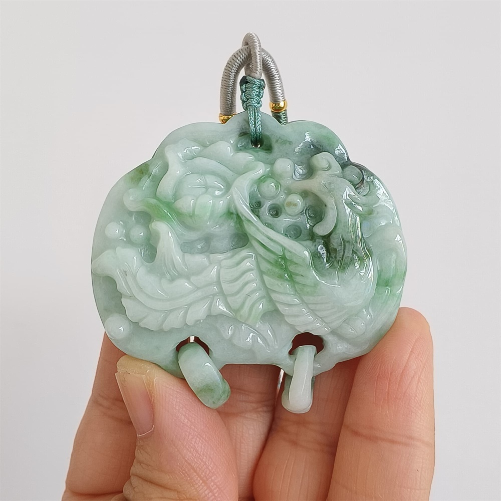 DDP | Natural Certificated Type A Untreated 52X53X13mm Icy Waxy Green White Burmese Jadeite Ruyi Pendants With Phoenix Carved,DIY Jewelry Supplies