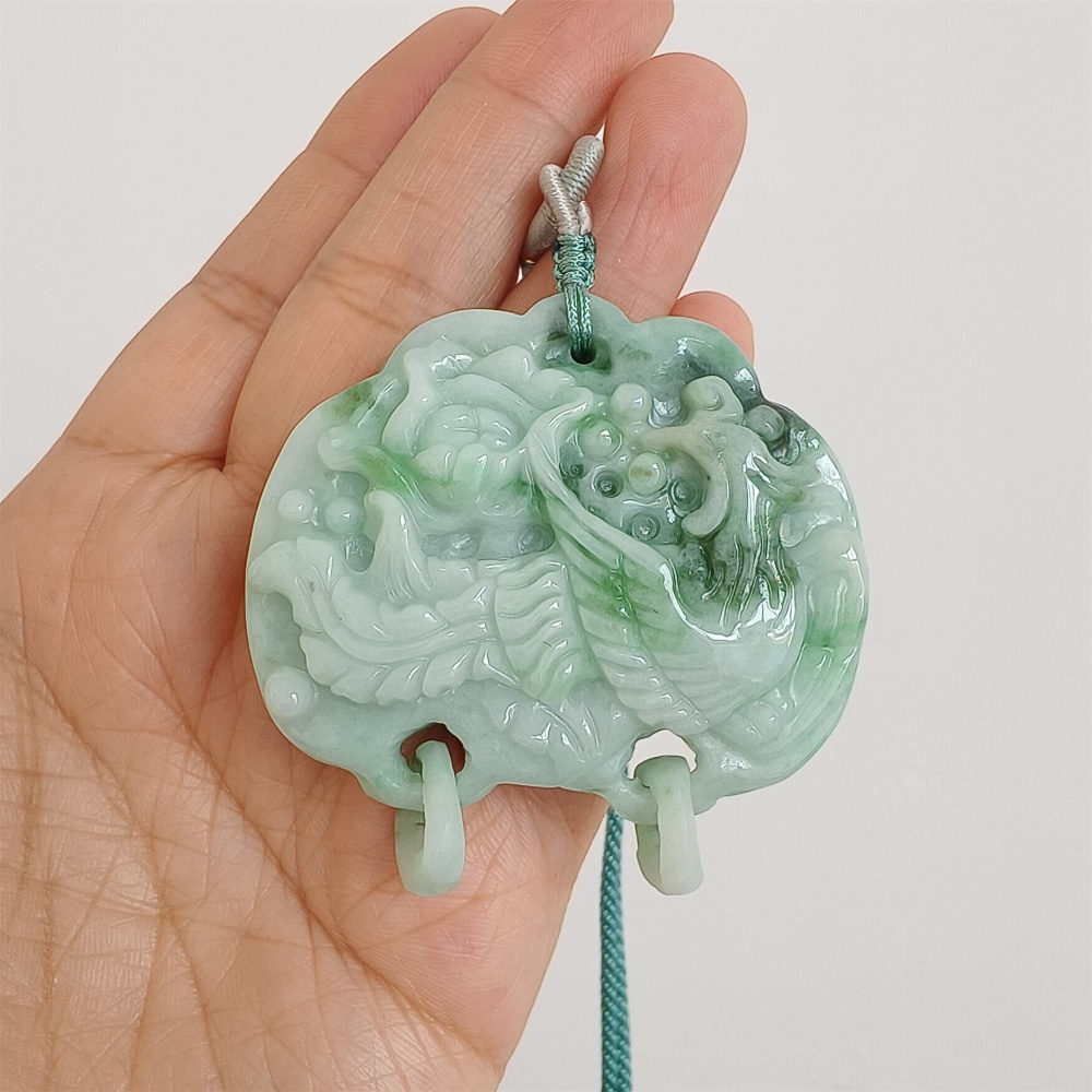 DDP | Natural Certificated Type A Untreated 52X53X13mm Icy Waxy Green White Burmese Jadeite Ruyi Pendants With Phoenix Carved,DIY Jewelry Supplies