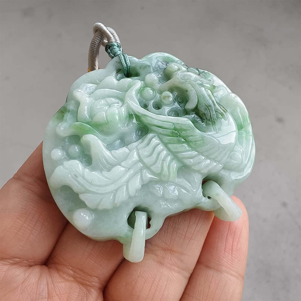 DDP | Natural Certificated Type A Untreated 52X53X13mm Icy Waxy Green White Burmese Jadeite Ruyi Pendants With Phoenix Carved,DIY Jewelry Supplies