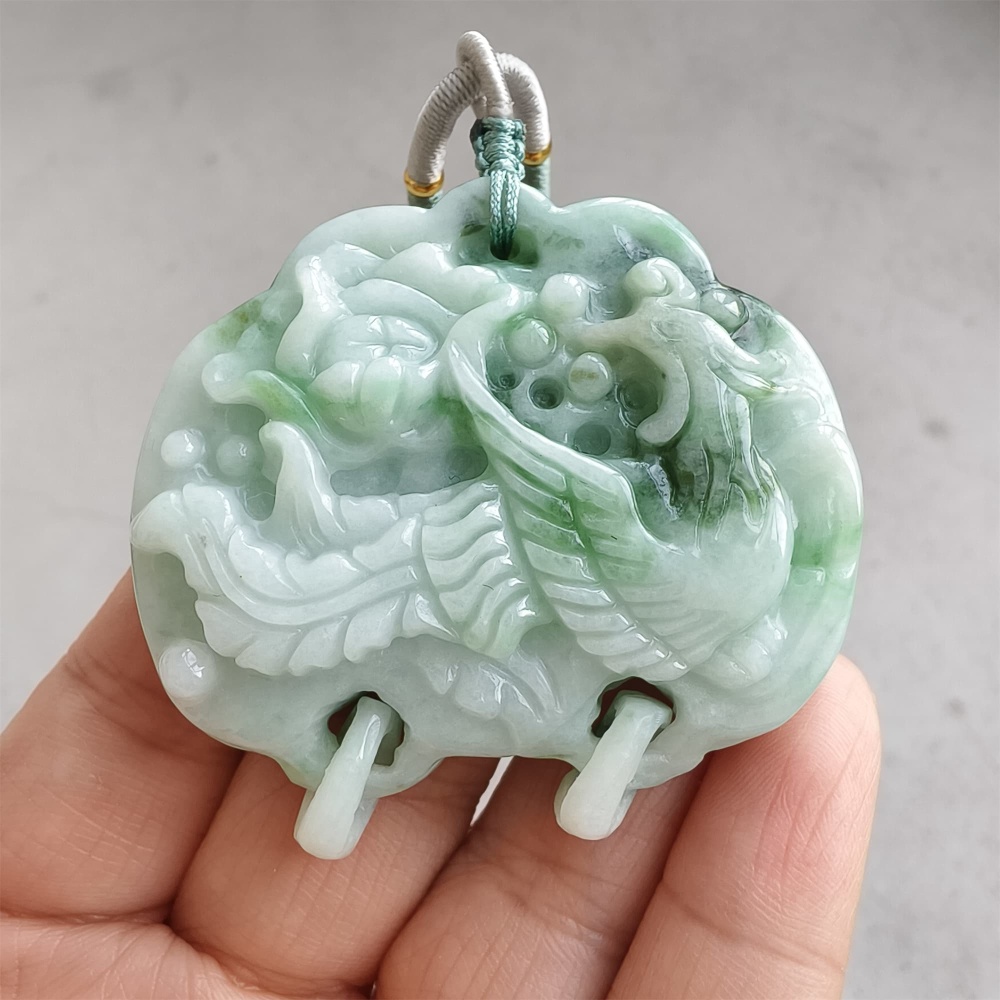 DDP | Natural Certificated Type A Untreated 52X53X13mm Icy Waxy Green White Burmese Jadeite Ruyi Pendants With Phoenix Carved,DIY Jewelry Supplies