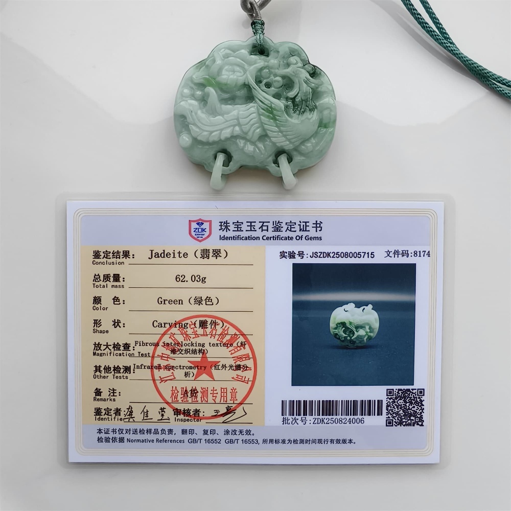 DDP | Natural Certificated Type A Untreated 52X53X13mm Icy Waxy Green White Burmese Jadeite Ruyi Pendants With Phoenix Carved,DIY Jewelry Supplies