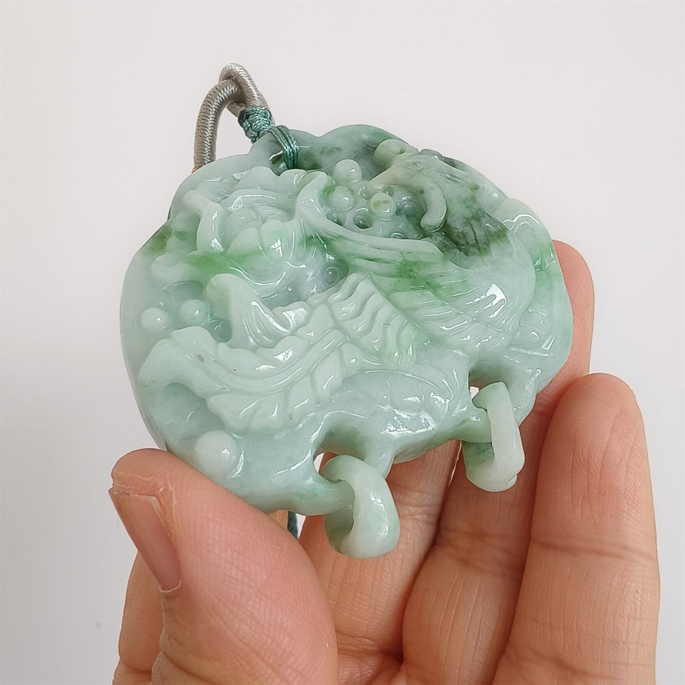 DDP | Natural Certificated Type A Untreated 52X53X13mm Icy Waxy Green White Burmese Jadeite Ruyi Pendants With Phoenix Carved,DIY Jewelry Supplies