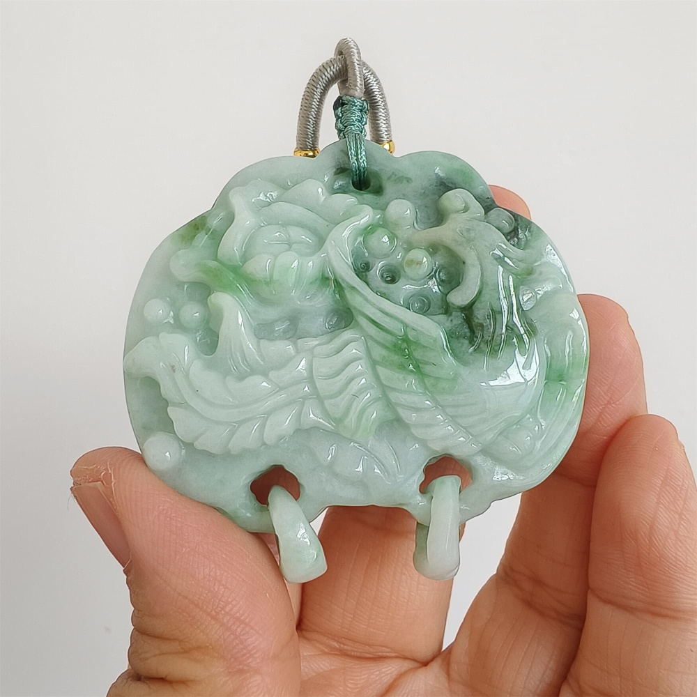 DDP | Natural Certificated Type A Untreated 52X53X13mm Icy Waxy Green White Burmese Jadeite Ruyi Pendants With Phoenix Carved,DIY Jewelry Supplies