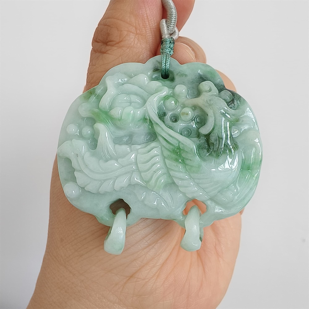 DDP | Natural Certificated Type A Untreated 52X53X13mm Icy Waxy Green White Burmese Jadeite Ruyi Pendants With Phoenix Carved,DIY Jewelry Supplies