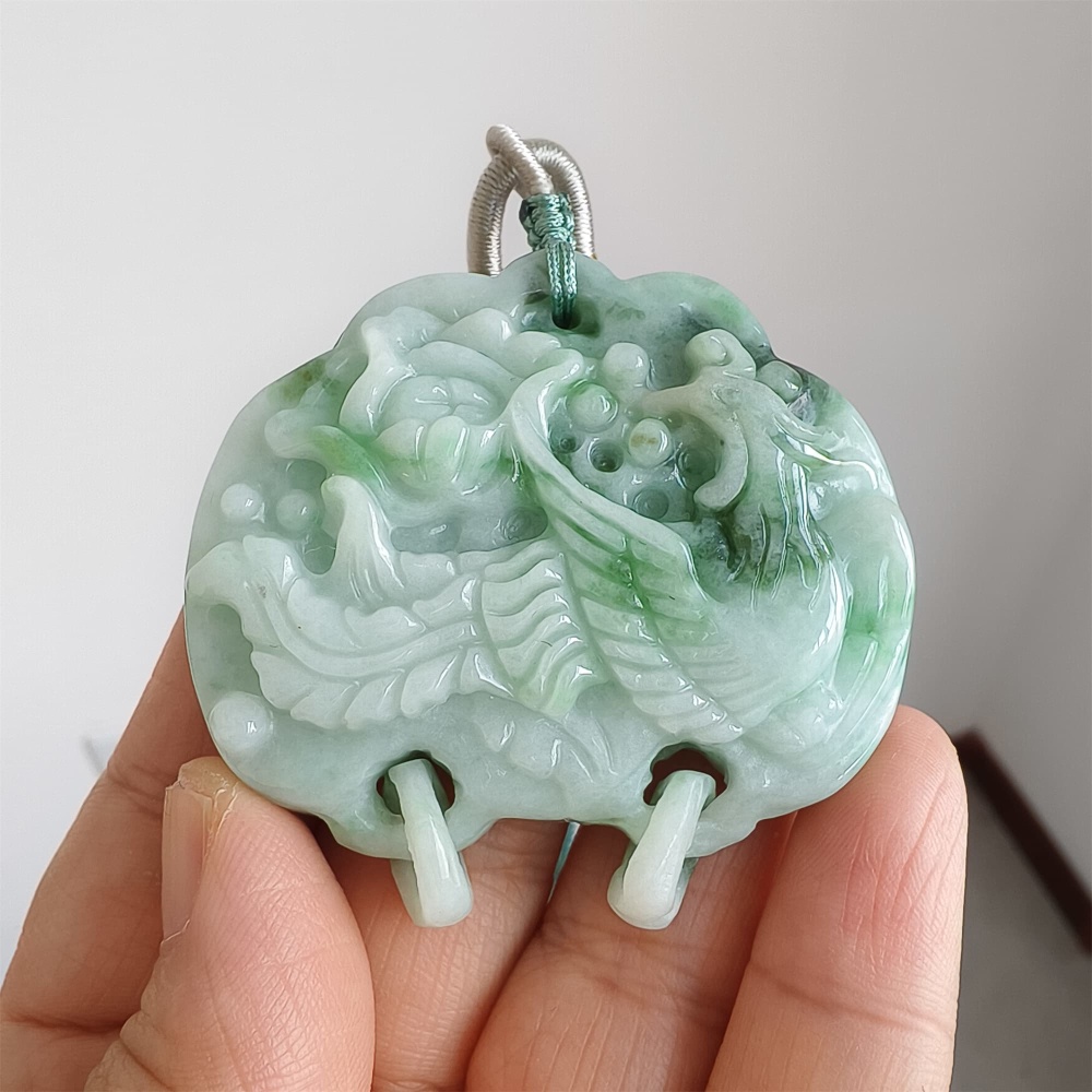 DDP | Natural Certificated Type A Untreated 52X53X13mm Icy Waxy Green White Burmese Jadeite Ruyi Pendants With Phoenix Carved,DIY Jewelry Supplies