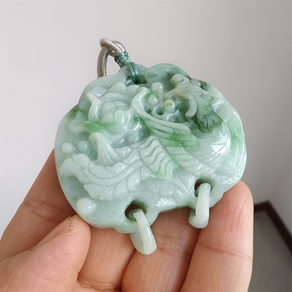 DDP | Natural Certificated Type A Untreated 52X53X13mm Icy Waxy Green White Burmese Jadeite Ruyi Pendants With Phoenix Carved,DIY Jewelry Supplies