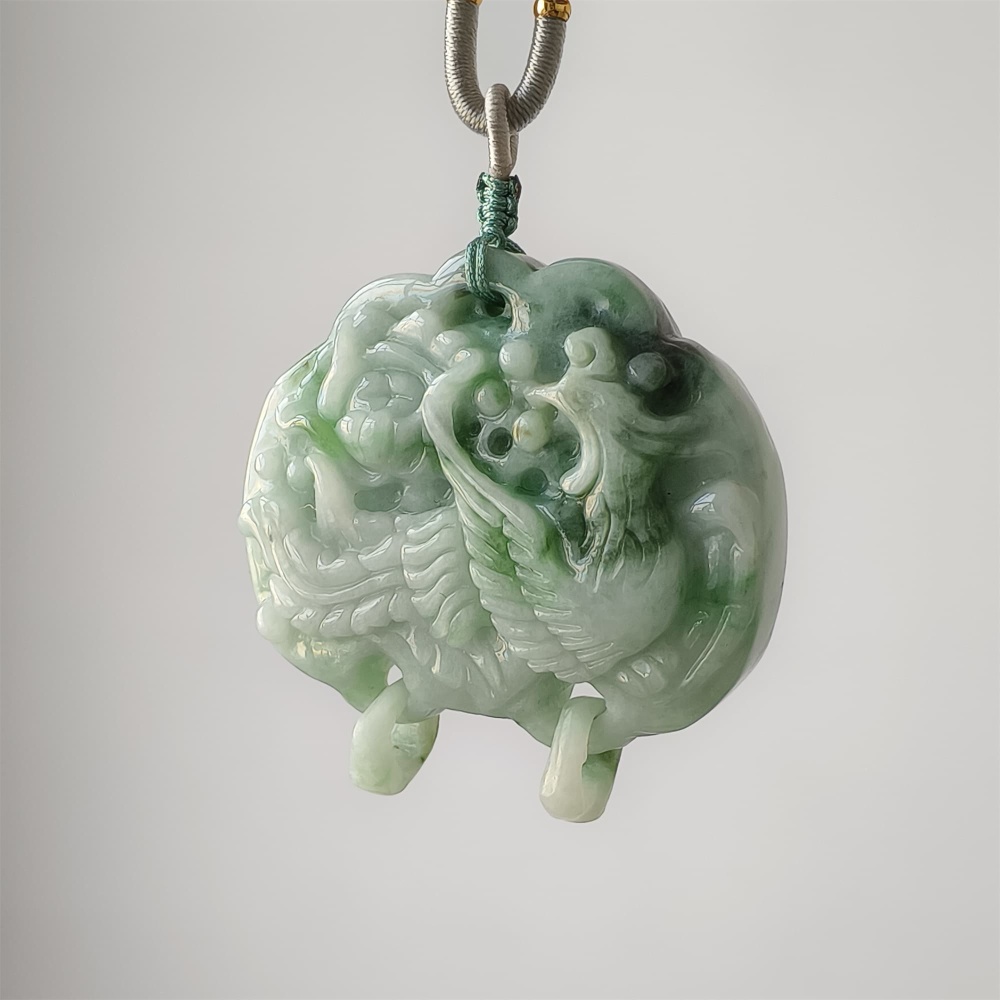 DDP | Natural Certificated Type A Untreated 52X53X13mm Icy Waxy Green White Burmese Jadeite Ruyi Pendants With Phoenix Carved,DIY Jewelry Supplies