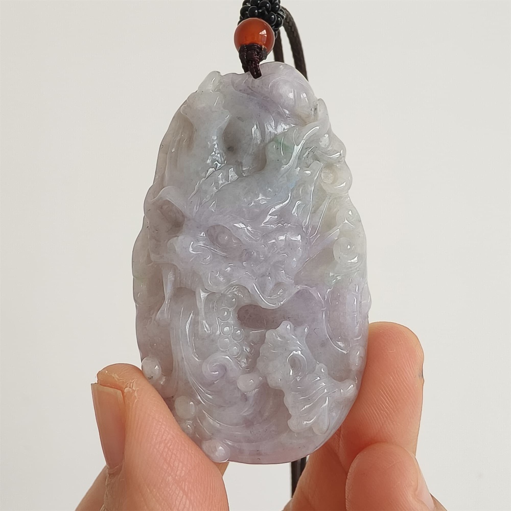 DDP | Natural Type A Certificated 56X33mm Watery Lavender Gray Burmese Jadeite Dragon Pendant,DIY Jewelry Supplies