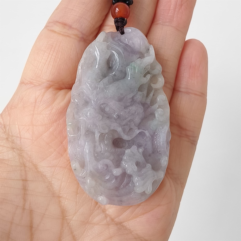 DDP | Natural Type A Certificated 56X33mm Watery Lavender Gray Burmese Jadeite Dragon Pendant,DIY Jewelry Supplies