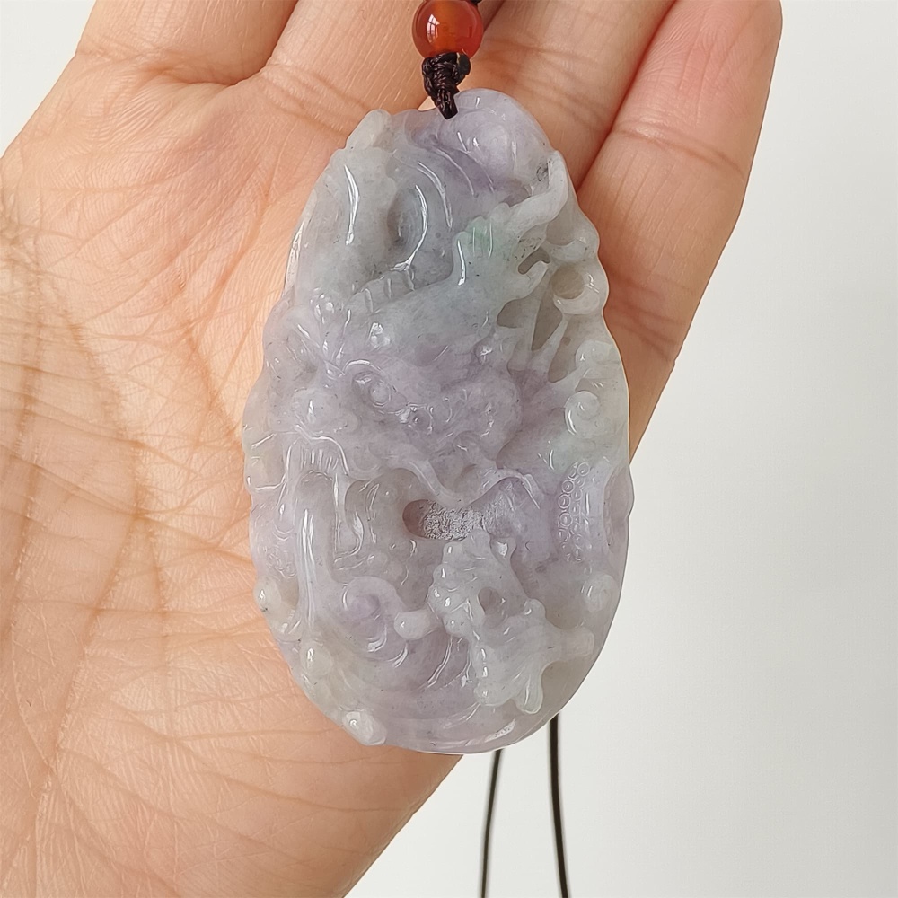 DDP | Natural Type A Certificated 56X33mm Watery Lavender Gray Burmese Jadeite Dragon Pendant,DIY Jewelry Supplies