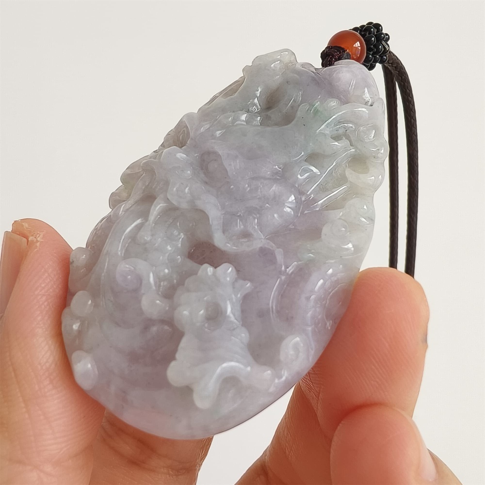 DDP | Natural Type A Certificated 56X33mm Watery Lavender Gray Burmese Jadeite Dragon Pendant,DIY Jewelry Supplies