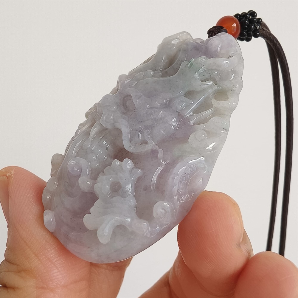 DDP | Natural Type A Certificated 56X33mm Watery Lavender Gray Burmese Jadeite Dragon Pendant,DIY Jewelry Supplies