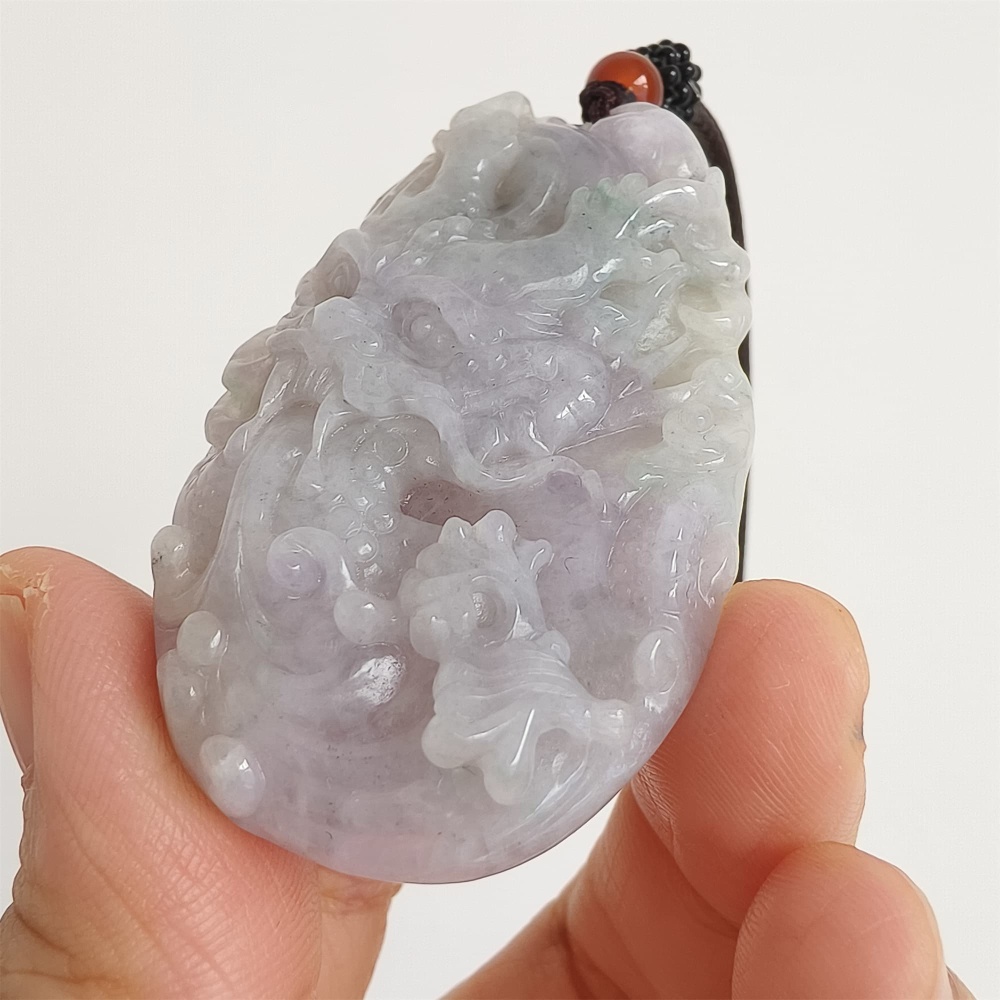DDP | Natural Type A Certificated 56X33mm Watery Lavender Gray Burmese Jadeite Dragon Pendant,DIY Jewelry Supplies