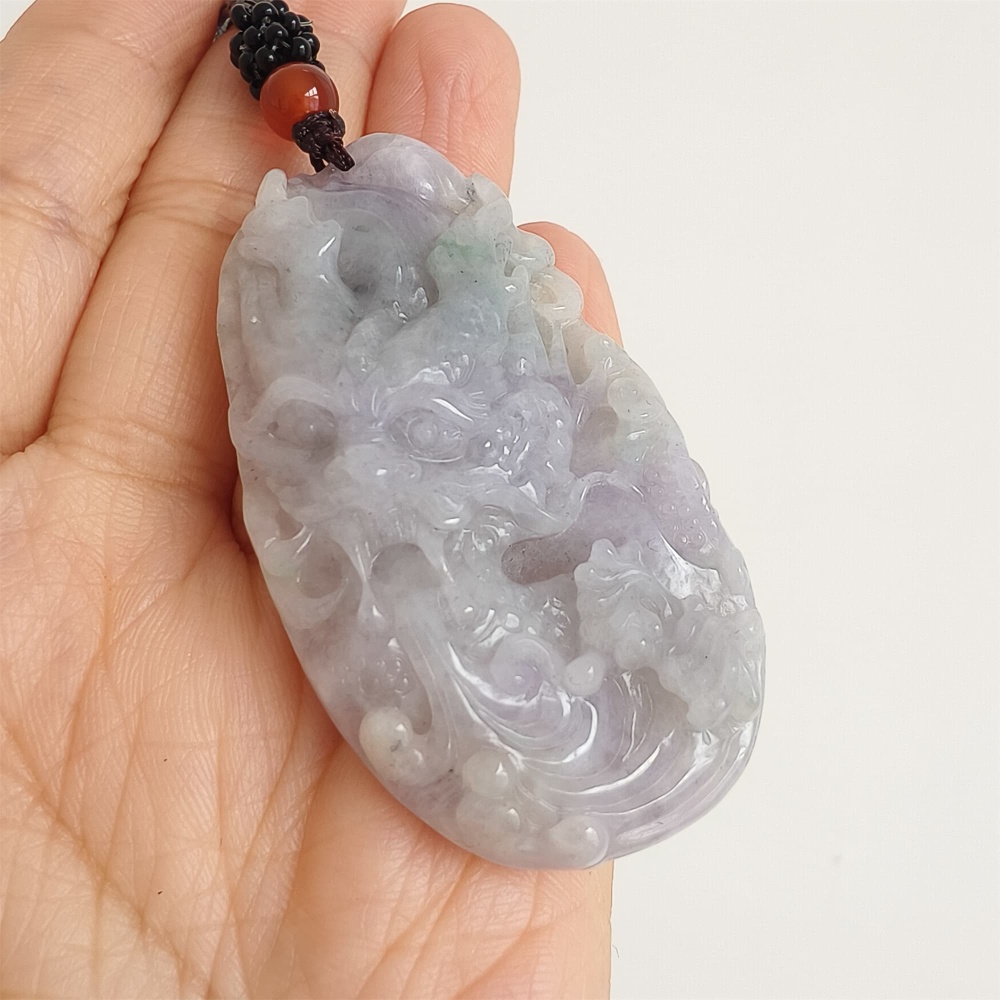 DDP | Natural Type A Certificated 56X33mm Watery Lavender Gray Burmese Jadeite Dragon Pendant,DIY Jewelry Supplies