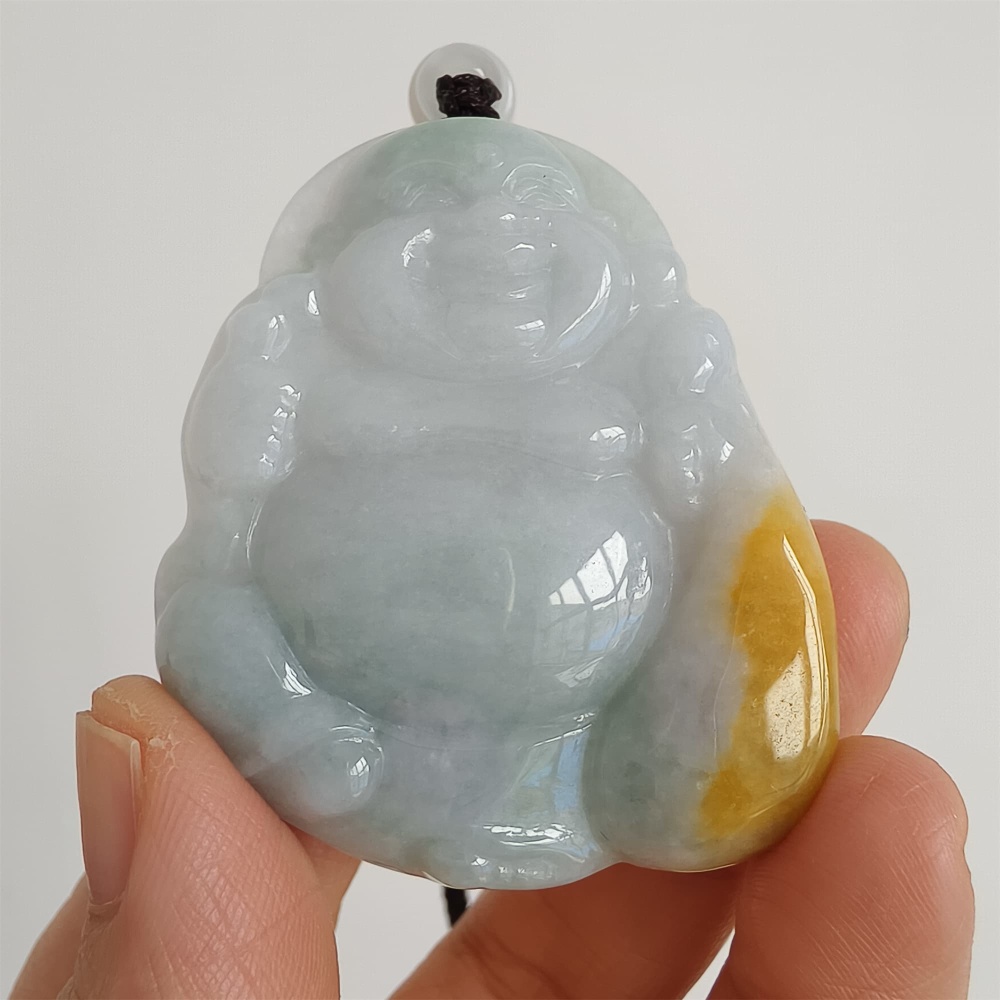 DDP | Natural Type A Certificated 51X42mm Greenish White With Yellow Burmese Jadeite Laughing Maitreya Buddha Pendant
