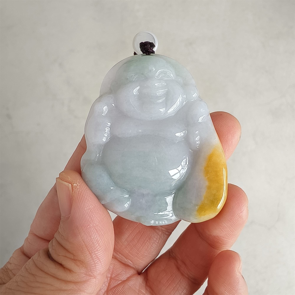 DDP | Natural Type A Certificated 51X42mm Greenish White With Yellow Burmese Jadeite Laughing Maitreya Buddha Pendant