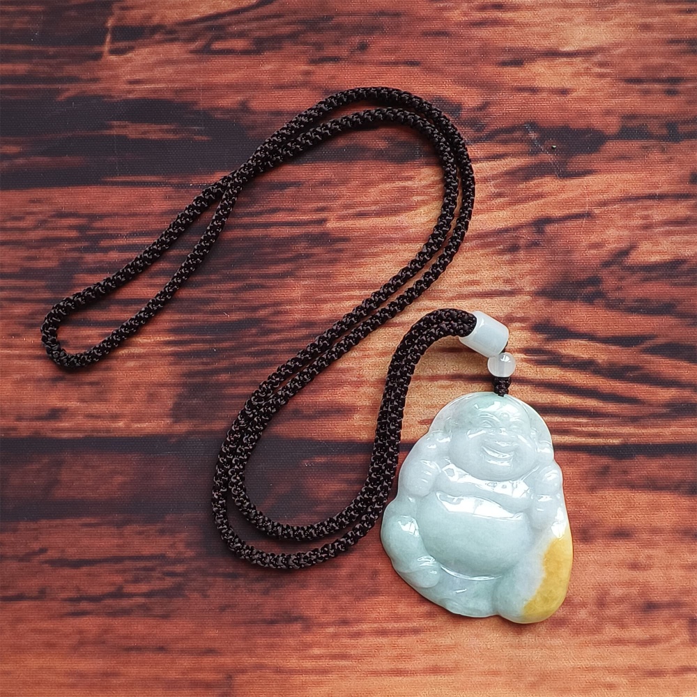 DDP | Natural Type A Certificated 51X42mm Greenish White With Yellow Burmese Jadeite Laughing Maitreya Buddha Pendant