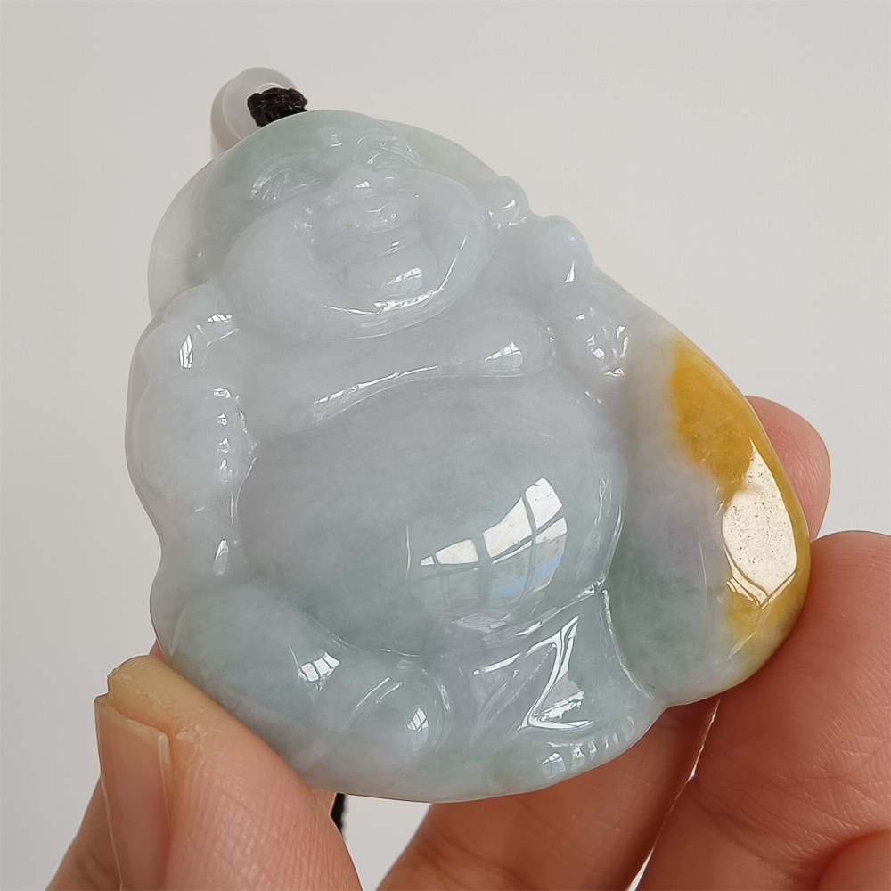 DDP | Natural Type A Certificated 51X42mm Greenish White With Yellow Burmese Jadeite Laughing Maitreya Buddha Pendant