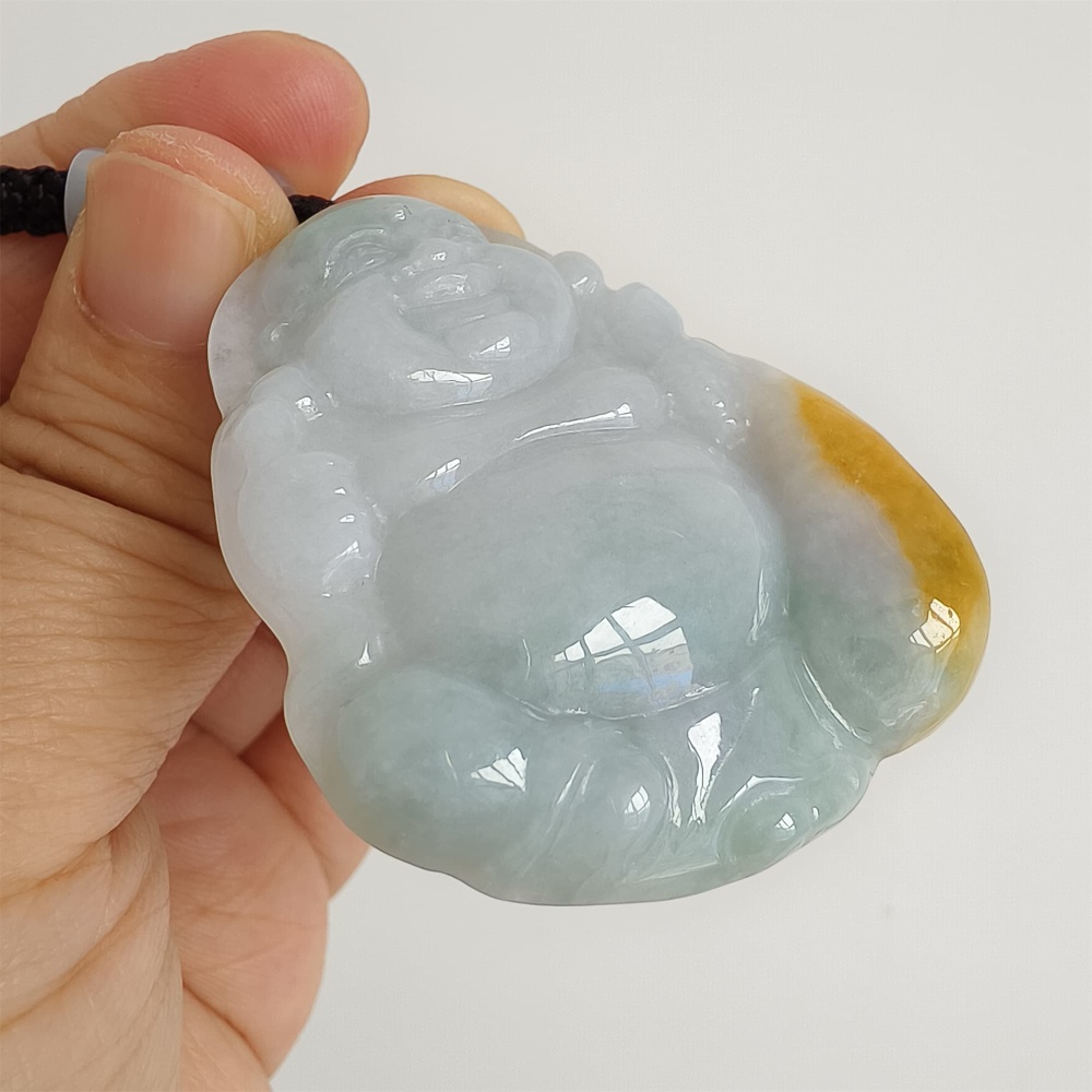 DDP | Natural Type A Certificated 51X42mm Greenish White With Yellow Burmese Jadeite Laughing Maitreya Buddha Pendant