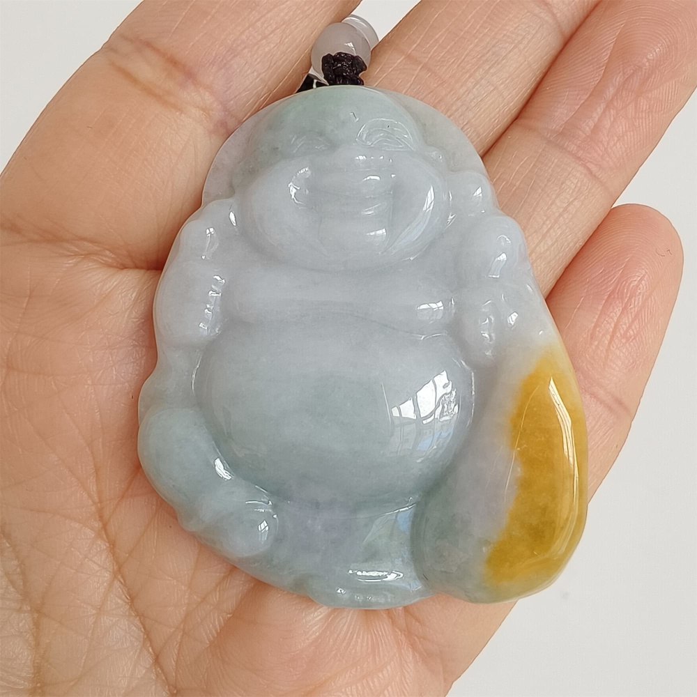 DDP | Natural Type A Certificated 51X42mm Greenish White With Yellow Burmese Jadeite Laughing Maitreya Buddha Pendant