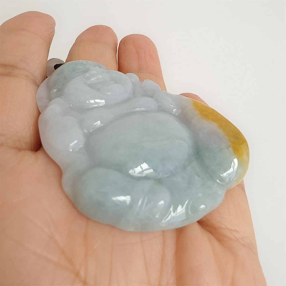 DDP | Natural Type A Certificated 51X42mm Greenish White With Yellow Burmese Jadeite Laughing Maitreya Buddha Pendant