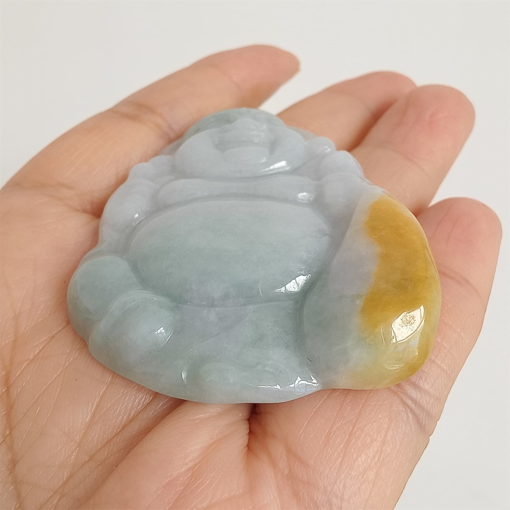 DDP | Natural Type A Certificated 51X42mm Greenish White With Yellow Burmese Jadeite Laughing Maitreya Buddha Pendant