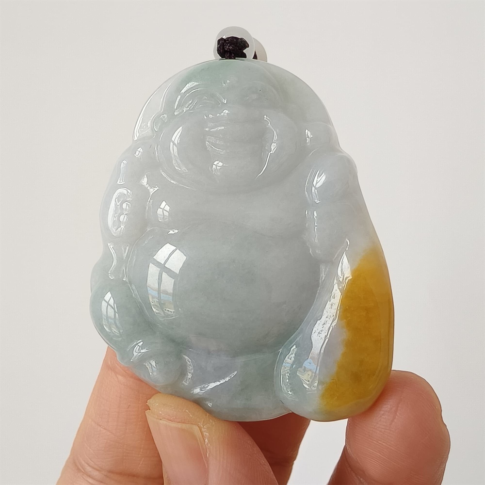 DDP | Natural Type A Certificated 51X42mm Greenish White With Yellow Burmese Jadeite Laughing Maitreya Buddha Pendant