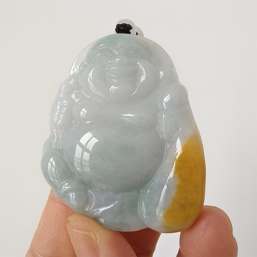 DDP | Natural Type A Certificated 51X42mm Greenish White With Yellow Burmese Jadeite Laughing Maitreya Buddha Pendant