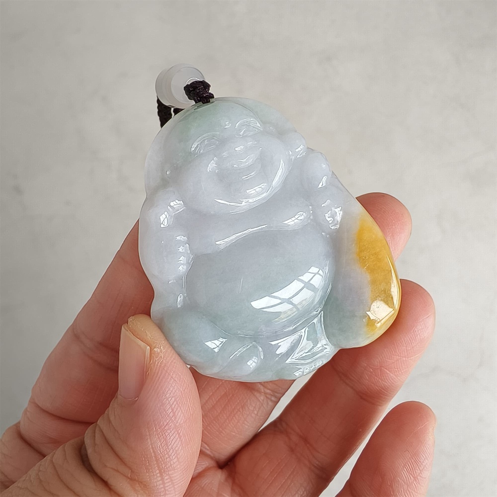 DDP | Natural Type A Certificated 51X42mm Greenish White With Yellow Burmese Jadeite Laughing Maitreya Buddha Pendant