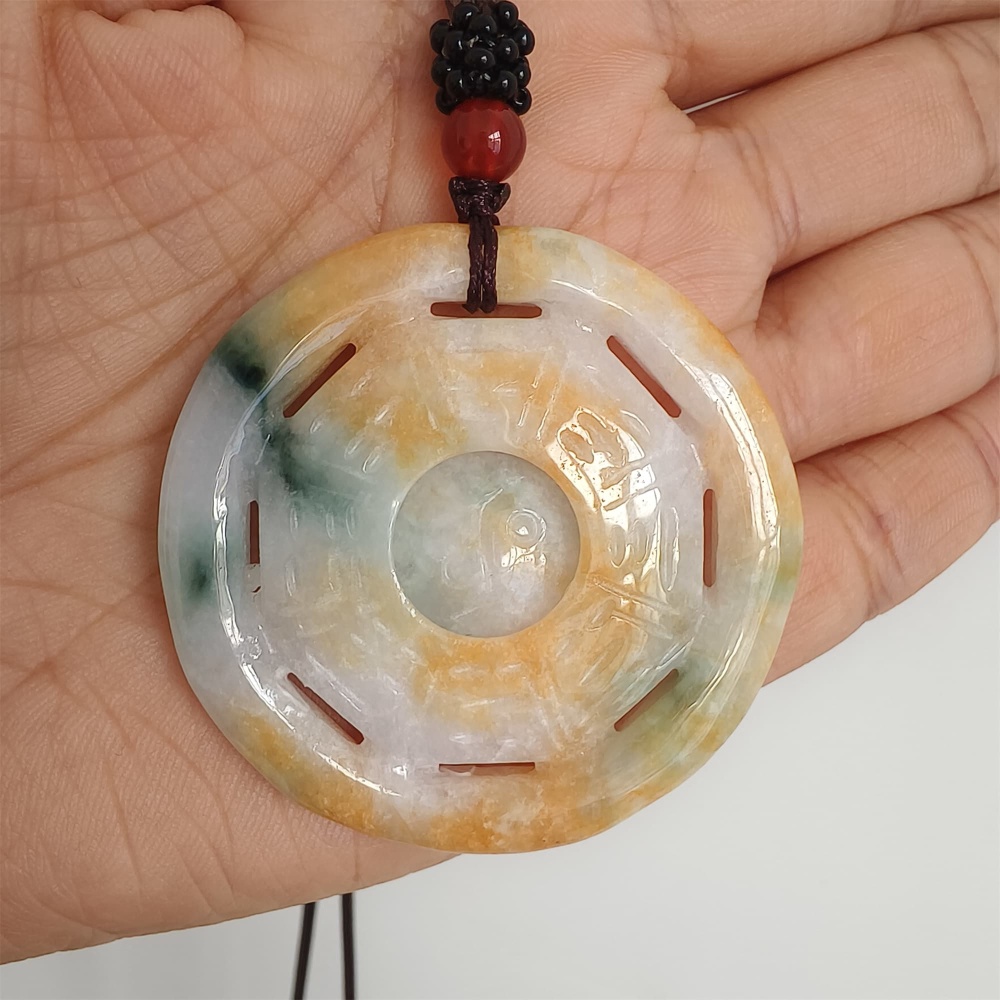 DDP | Natural Certificated Yellow Color Heated 47X6mm Burmese Jadeite Round Bagua Pendant,Yellow White Green Jadeite Pendants,DIY Jewelry Supplies