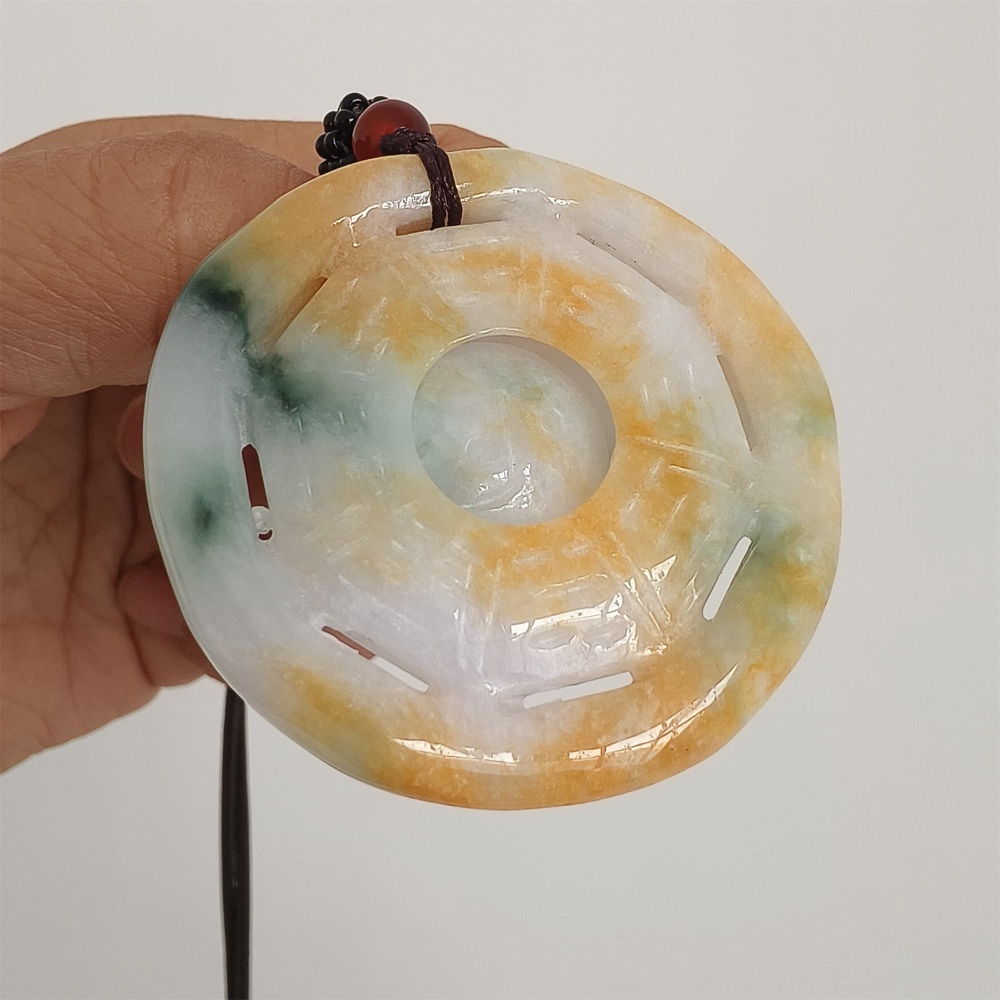 DDP | Natural Certificated Yellow Color Heated 47X6mm Burmese Jadeite Round Bagua Pendant,Yellow White Green Jadeite Pendants,DIY Jewelry Supplies