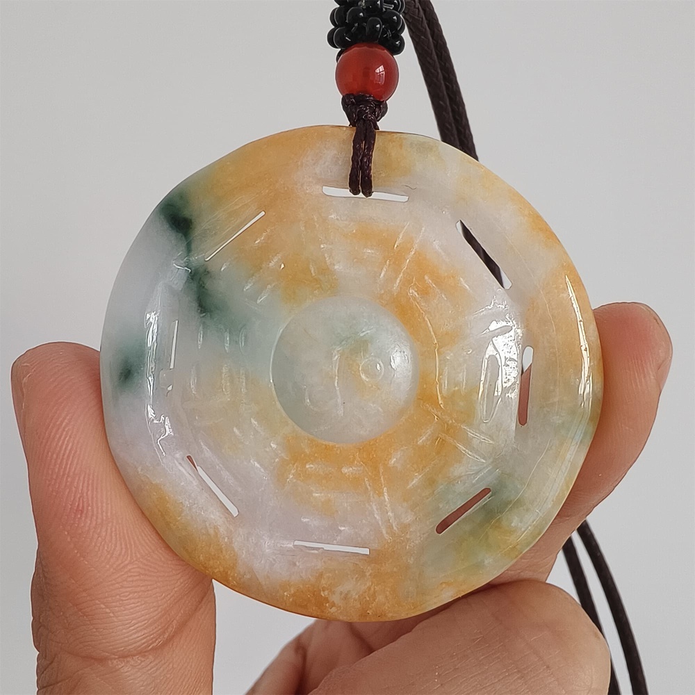 DDP | Natural Certificated Yellow Color Heated 47X6mm Burmese Jadeite Round Bagua Pendant,Yellow White Green Jadeite Pendants,DIY Jewelry Supplies