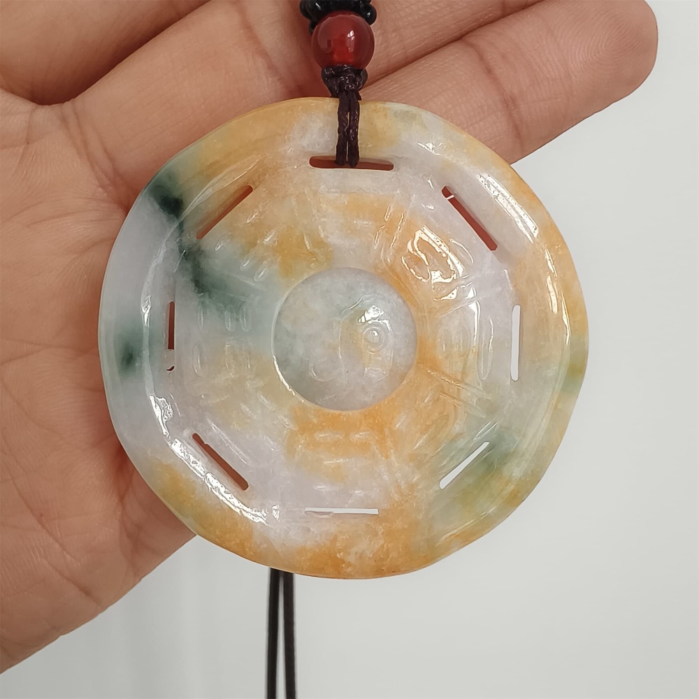 DDP | Natural Certificated Yellow Color Heated 47X6mm Burmese Jadeite Round Bagua Pendant,Yellow White Green Jadeite Pendants,DIY Jewelry Supplies