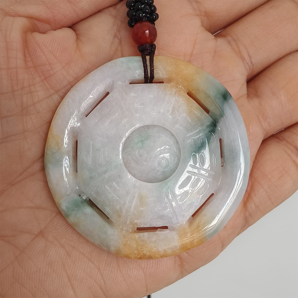 DDP | Natural Certificated Yellow Color Heated 47X6mm Burmese Jadeite Round Bagua Pendant,Yellow White Green Jadeite Pendants,DIY Jewelry Supplies