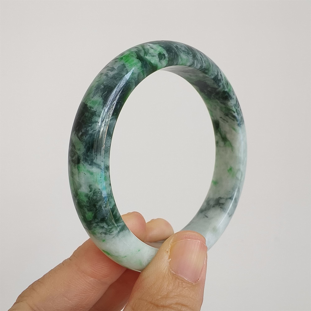 DDP | Natural Type A Certificated 57.5mm Burmese Jadeite Round Band Bangle,Green White Bangles,DIY Jewelry Supplies