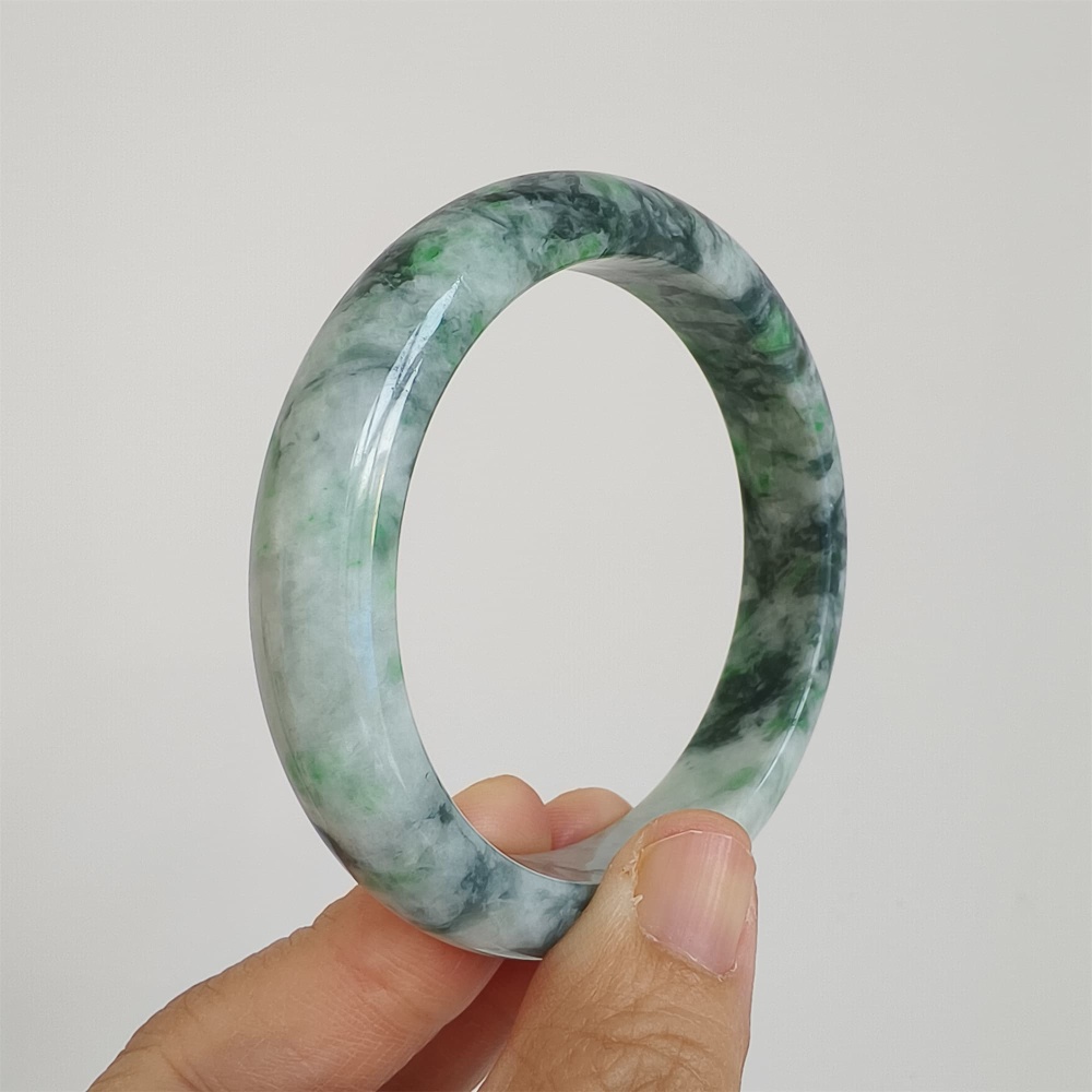 DDP | Natural Type A Certificated 57.5mm Burmese Jadeite Round Band Bangle,Green White Bangles,DIY Jewelry Supplies