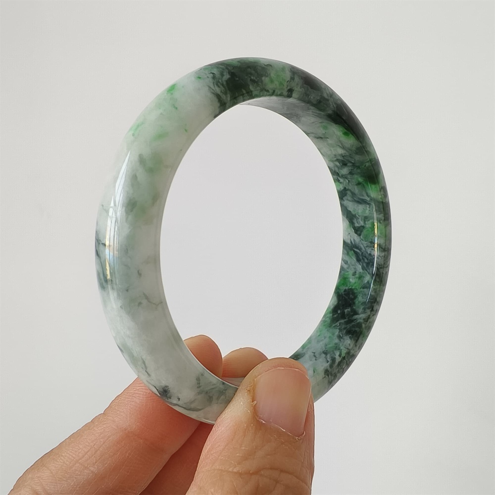 DDP | Natural Type A Certificated 57.5mm Burmese Jadeite Round Band Bangle,Green White Bangles,DIY Jewelry Supplies
