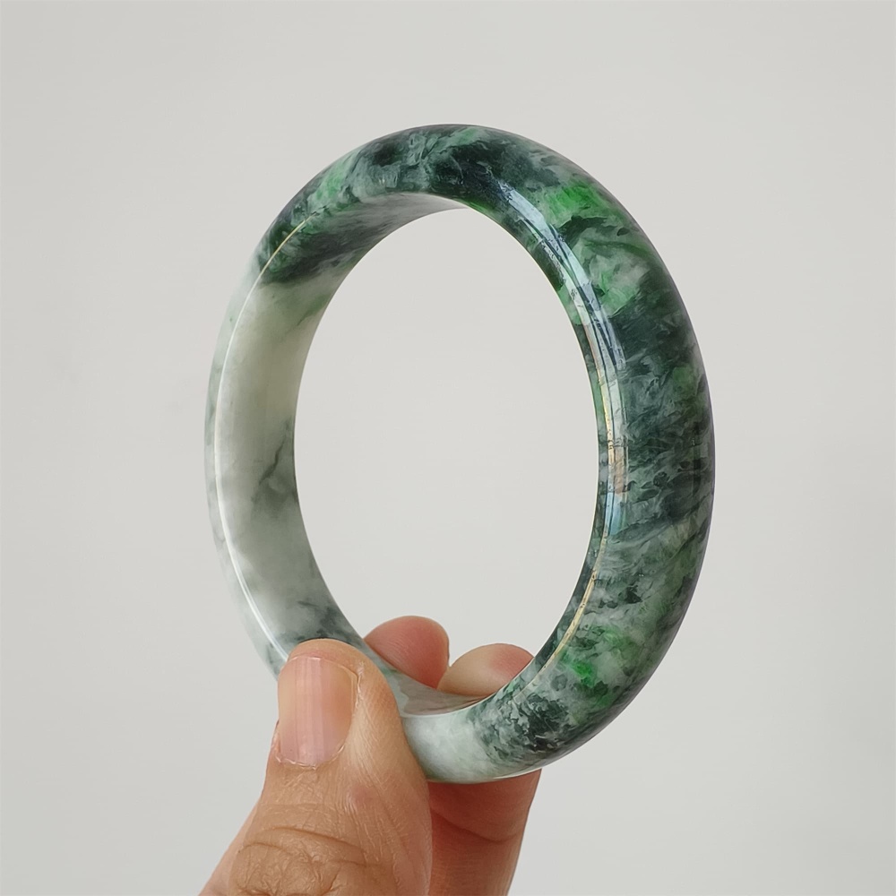 DDP | Natural Type A Certificated 57.5mm Burmese Jadeite Round Band Bangle,Green White Bangles,DIY Jewelry Supplies
