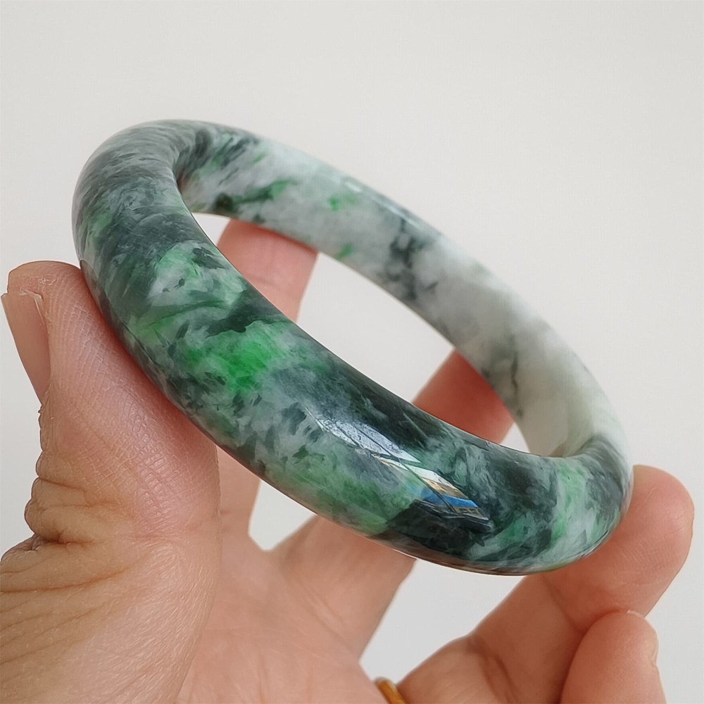 DDP | Natural Type A Certificated 57.5mm Burmese Jadeite Round Band Bangle,Green White Bangles,DIY Jewelry Supplies