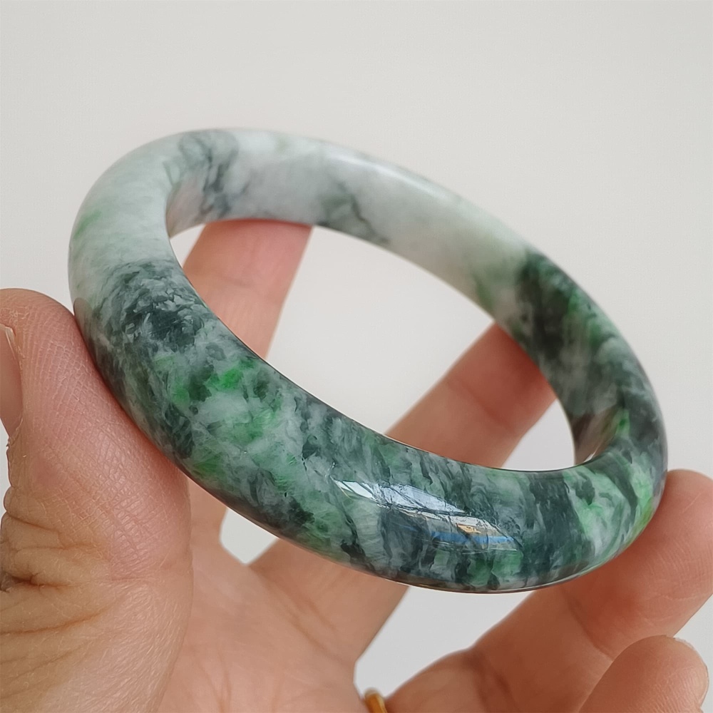 DDP | Natural Type A Certificated 57.5mm Burmese Jadeite Round Band Bangle,Green White Bangles,DIY Jewelry Supplies
