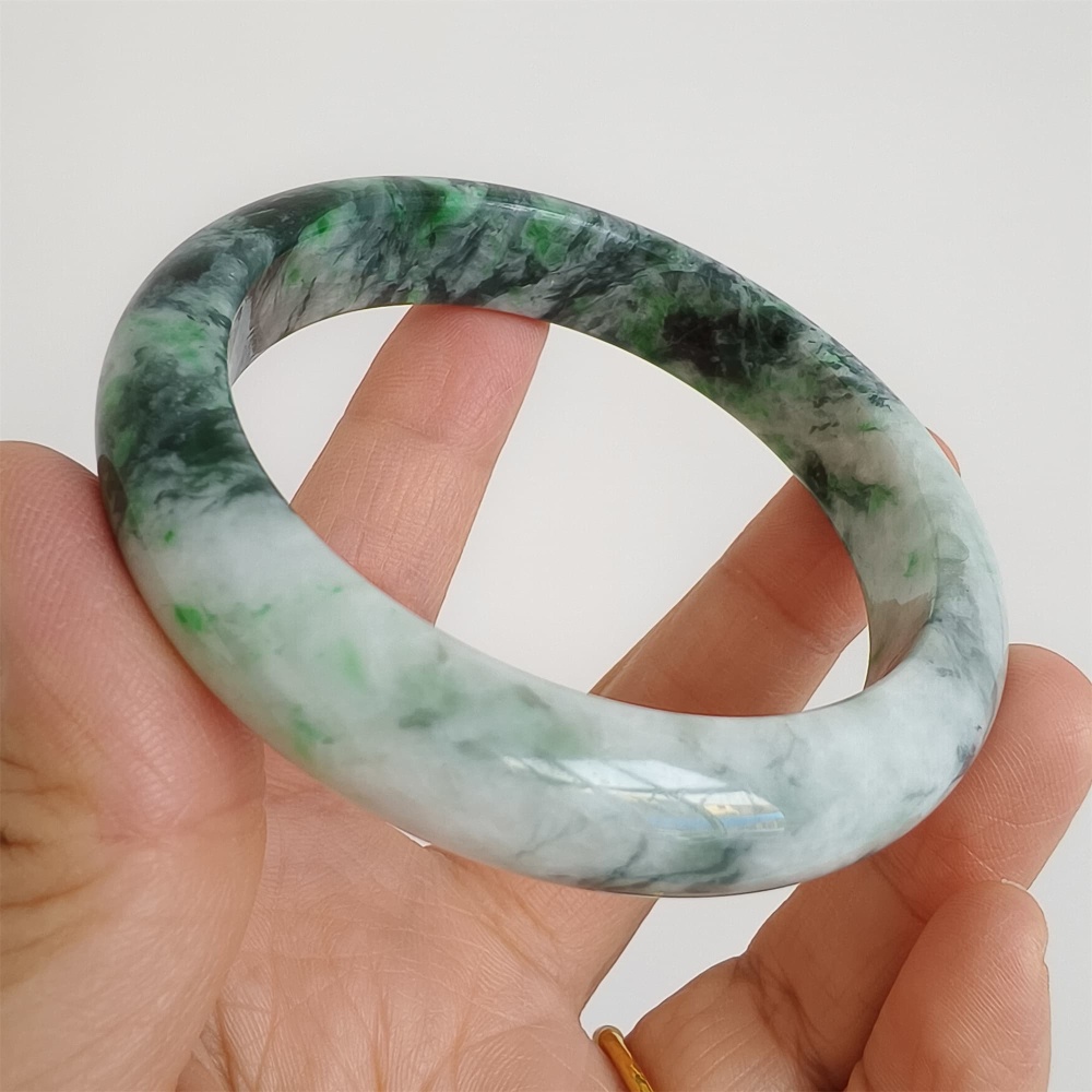 DDP | Natural Type A Certificated 57.5mm Burmese Jadeite Round Band Bangle,Green White Bangles,DIY Jewelry Supplies