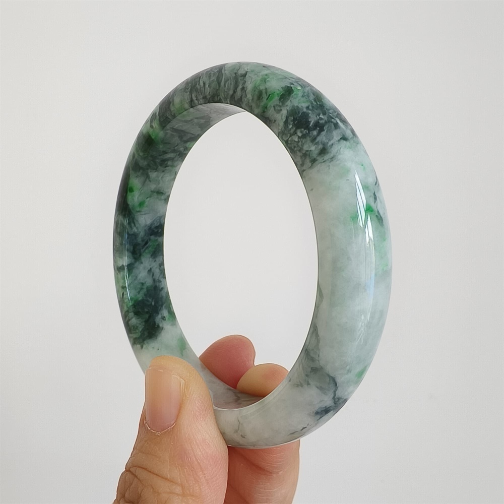 DDP | Natural Type A Certificated 57.5mm Burmese Jadeite Round Band Bangle,Green White Bangles,DIY Jewelry Supplies