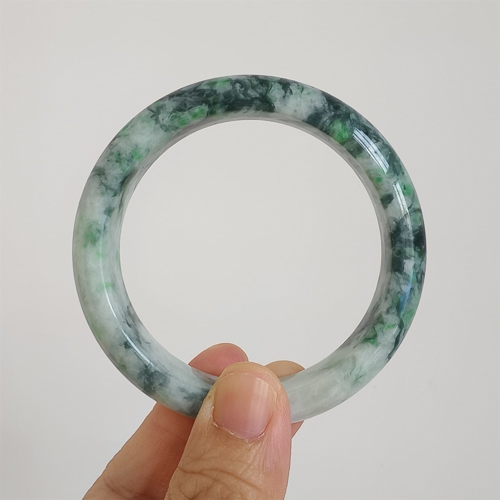 DDP | Natural Type A Certificated 57.5mm Burmese Jadeite Round Band Bangle,Green White Bangles,DIY Jewelry Supplies