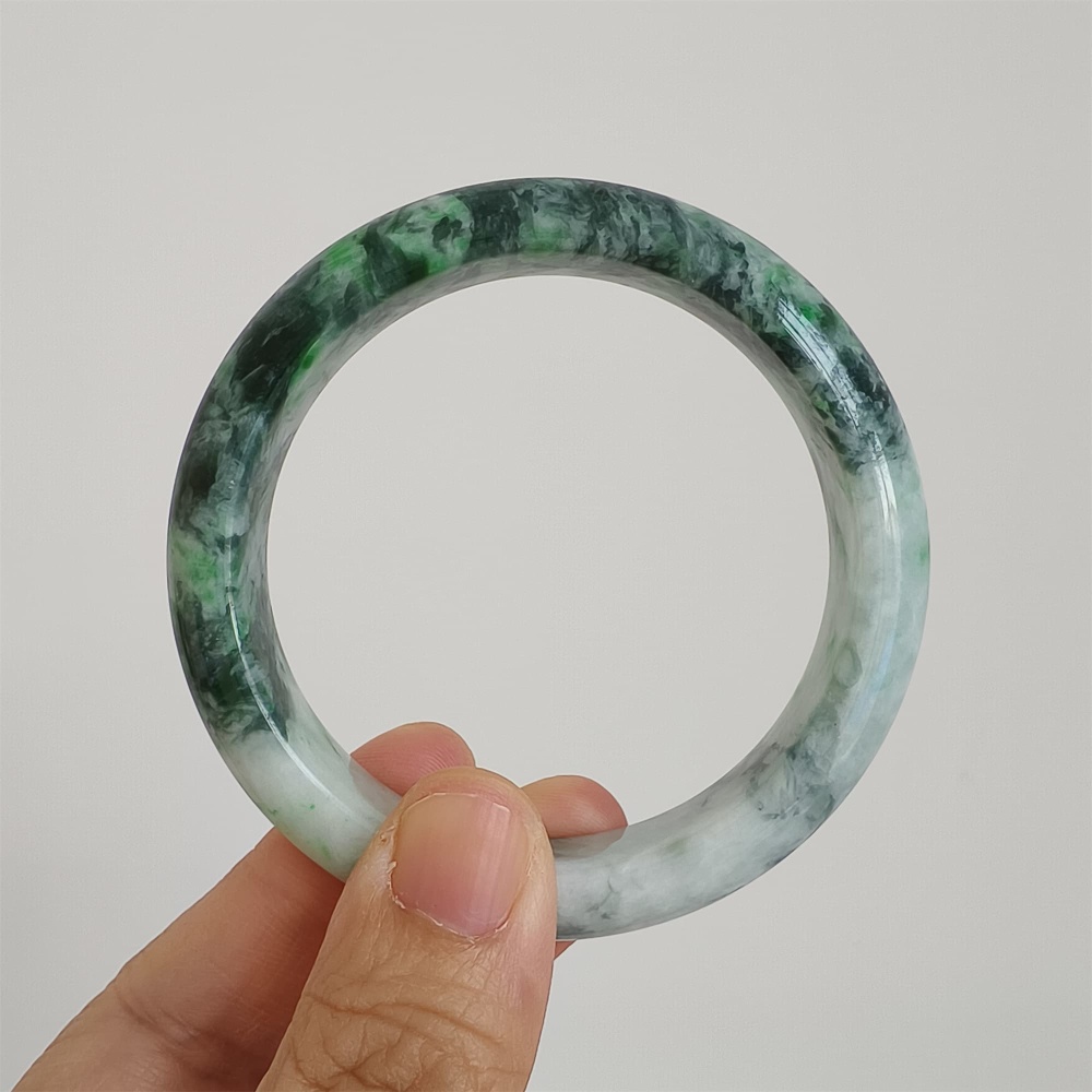 DDP | Natural Type A Certificated 57.5mm Burmese Jadeite Round Band Bangle,Green White Bangles,DIY Jewelry Supplies