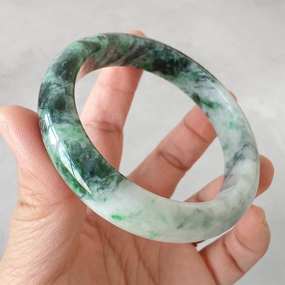DDP | Natural Type A Certificated 57.5mm Burmese Jadeite Round Band Bangle,Green White Bangles,DIY Jewelry Supplies