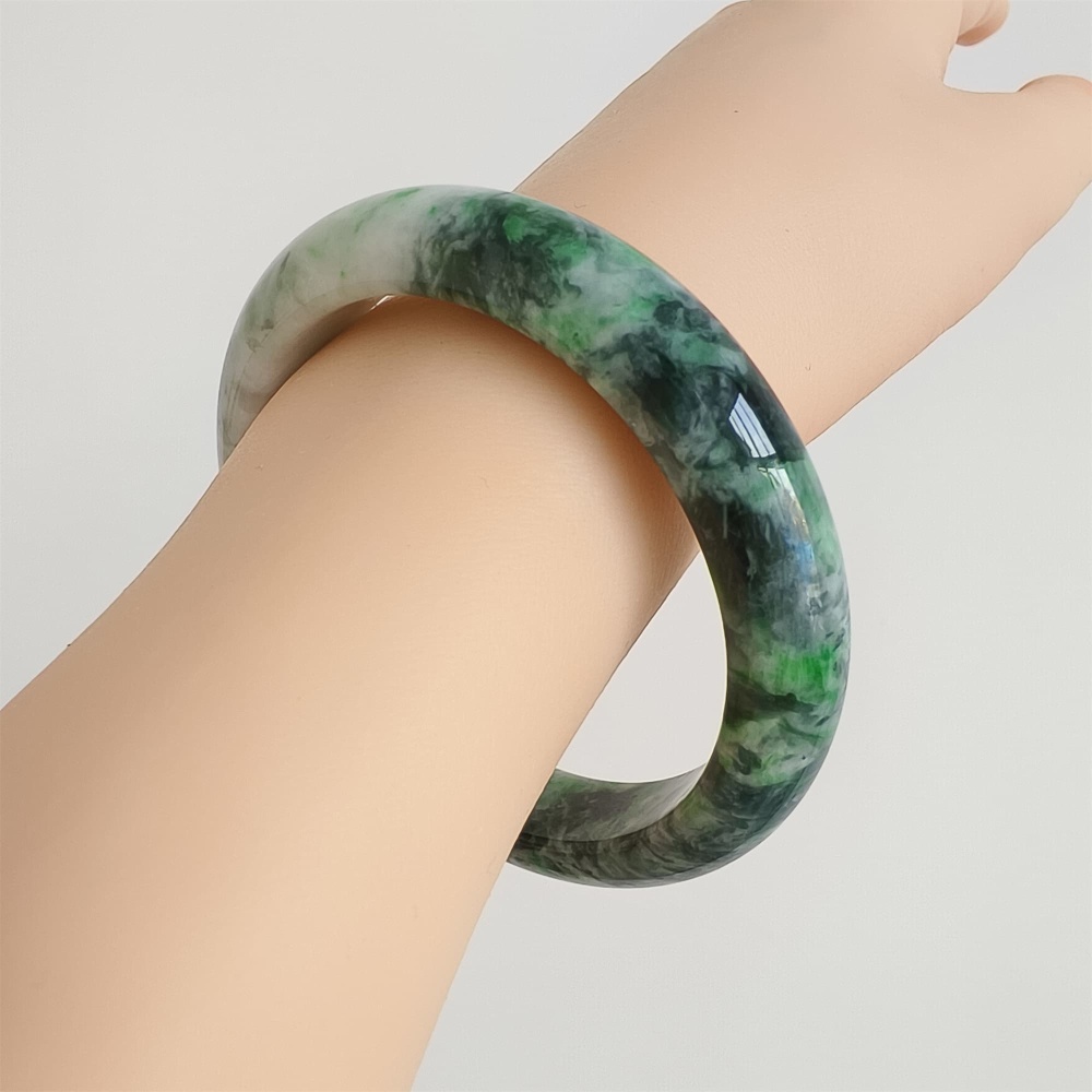 DDP | Natural Type A Certificated 57.5mm Burmese Jadeite Round Band Bangle,Green White Bangles,DIY Jewelry Supplies