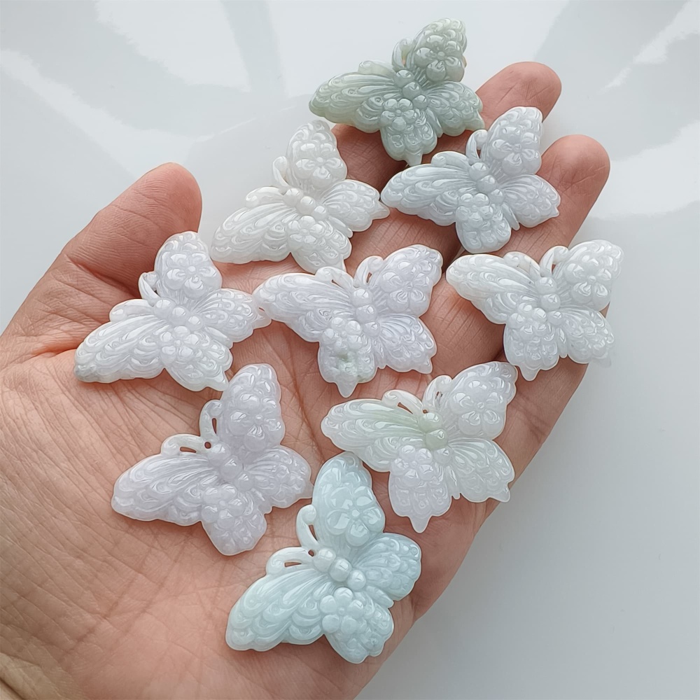 DDP | 2pcs 25X36X5mm Natural Certificated Type A Light Green White Burma Jadeite Butterfly Pendant,DIY Jewelry Supplies