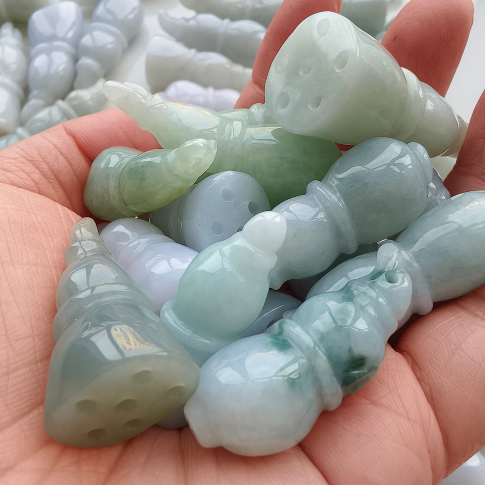 DDP | 2pcs 34-47X14-18.5mm Natural Certificated Type A Light Green White Jadeite Lotus Root Pendant,Burma Jadeite Loose Pendant,DIY Jewelry Supplies