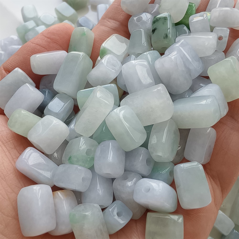 DDP | 20pcs Natural Certificated Type A 8-13X7.5mm Green White Watery Burmese Jadeite Smooth Rectangle Beads,Burma Jadeite Loose Beads,DIY Jewelry Supplies